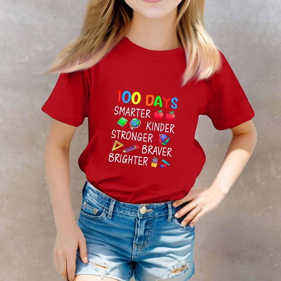 CCRFTGI 100 Days Of School Shirt for Kids Girls Boys Size 7 Funny Birthday T Shirts 2026 Summer Shirts Girls Fashion 100 Days Of School Costume Red 2-3 Years