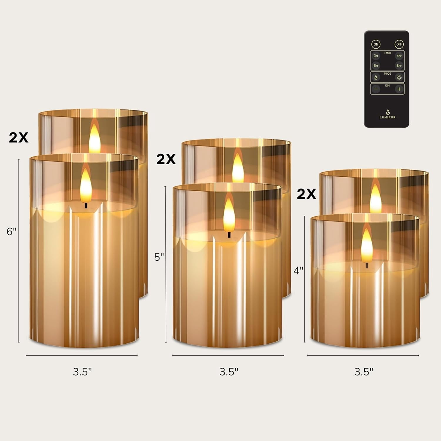 LumiPur Premium Design Series Glass Natural Glow Flameless LED Candle 6 Pack with Remote Control, 2 of Each 3.5" x 4” 5" 6", Gold