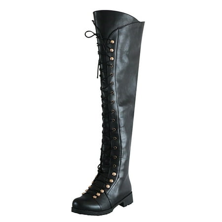DVKOVI Going Out Boots Knee High Boots Women Classic Lace Up Women s Boots Outdoor Low Heeled Round Toe Shoes Western Women s Boots Low Heel Cowboy Boots for Women Black 41