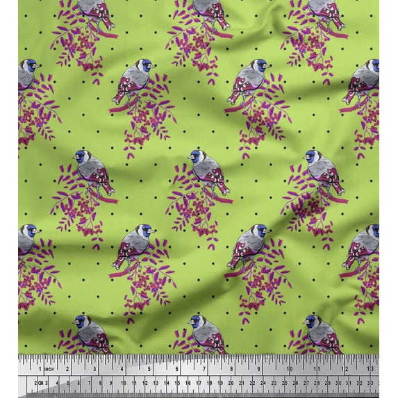 Soimoi Poly Georgette Fabric Dot,Leaves & European Goldfinch Bird Print Fabric by The Yard 52 Inch Wide