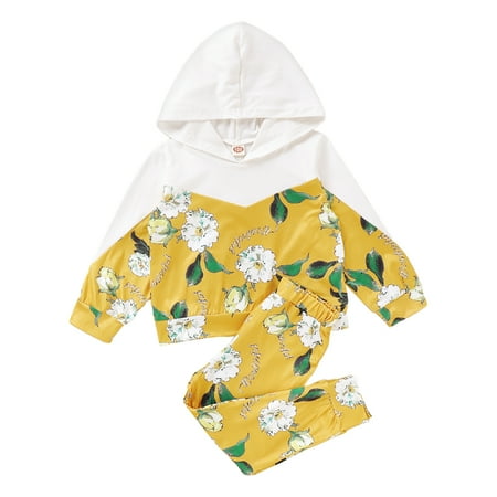 

Kucnuzki 4T Toddler Girl Fall-Winter Outfits Pants Sets 5T Toddler Girl Long Sleeve Floral Matching Prints Hooded Tops Elastic Pants 2PCS Set Yellow