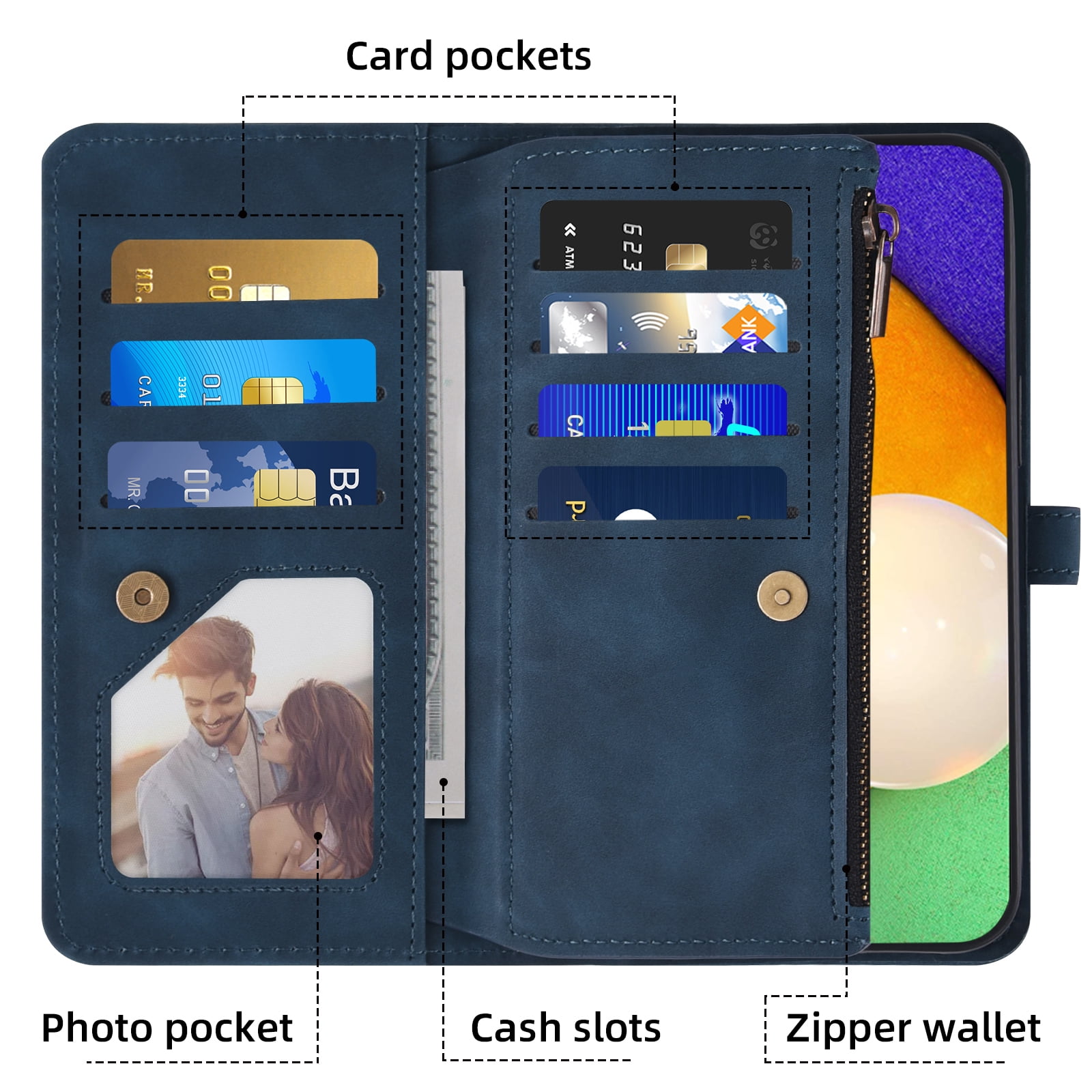 Asuwish Phone Case for Samsung Galaxy A52/A52S 5G Wallet Cover With Tempered Glass Screen Protector Crossbody Wrist Strap Flip Pattern Zipper Credit Card Holder Cell A 52 S 4G G5 52A S52 52S Men Blue