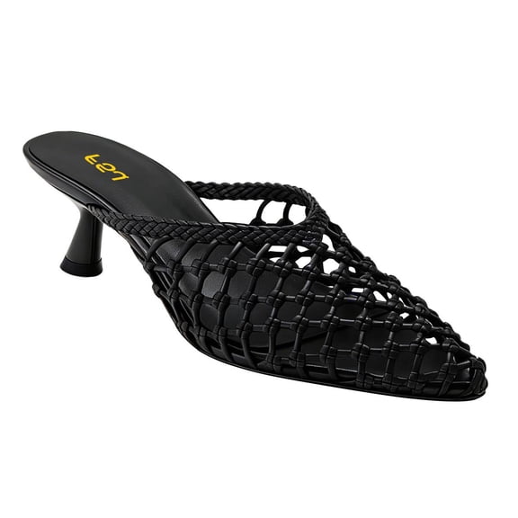 FSJ Women Woven Net Pointed Toe Kitten Heel Mules Breathable Openwork Backless Heeled Sandals Size 8 Black