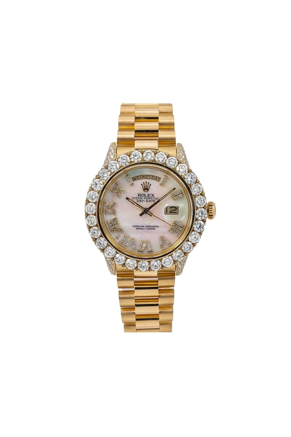 Pre-Owned Rolex Day-Date 36MM 1803 Mother of Pearl Roman Diamond Dial Diamond Bezel 18K Yellow Gold President Bracelet