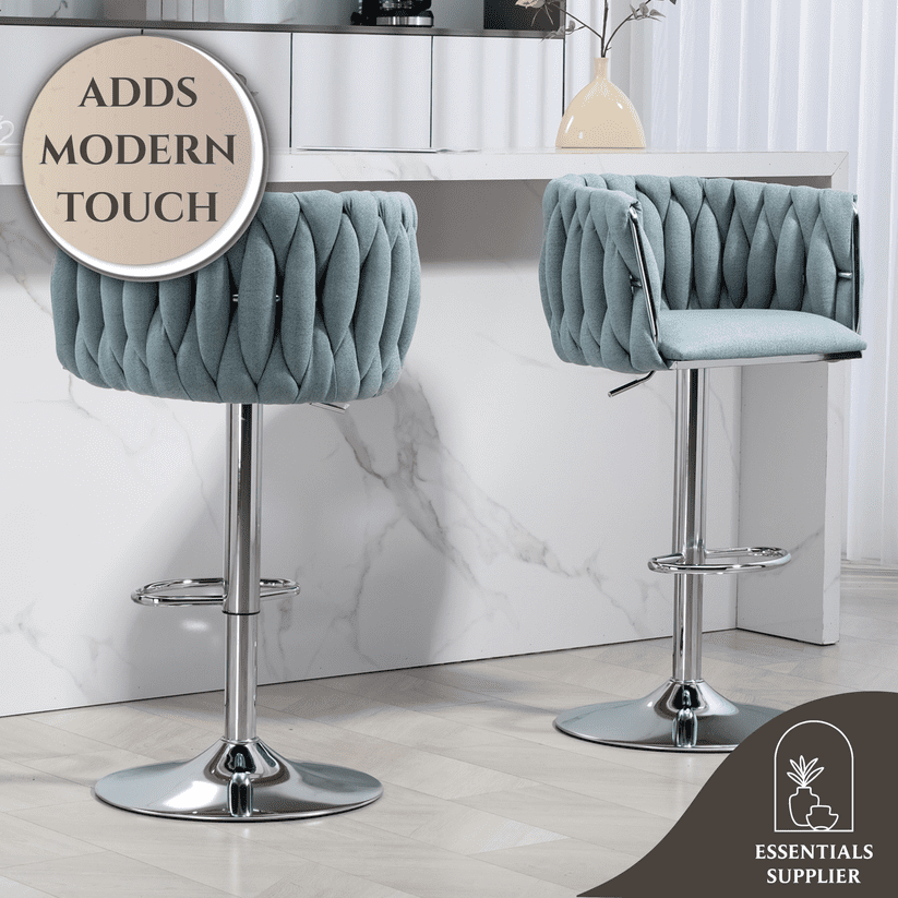 Set of 2 360° Swivel Fabric Bar Stools with Woven Back, Adjustable Height, Blue