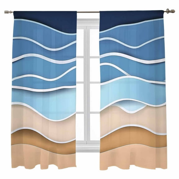 Sheer Curtains 63 inches Long, Blue Ripple Blue Wave Gradient Abstract Line Light Filtering Sheer Window Curtains Rod Pocket Voile Drapes for Bedroom Living Room, 52"W x 63"L 2 Panels