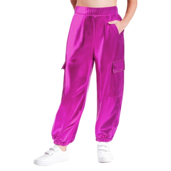 Yanarno Kids Girls Boys Shiny Metallic Jazz Hip Hop Dance Trousers Cargo Pants Jogger Sweatpants Streetwear Hot Pink 14