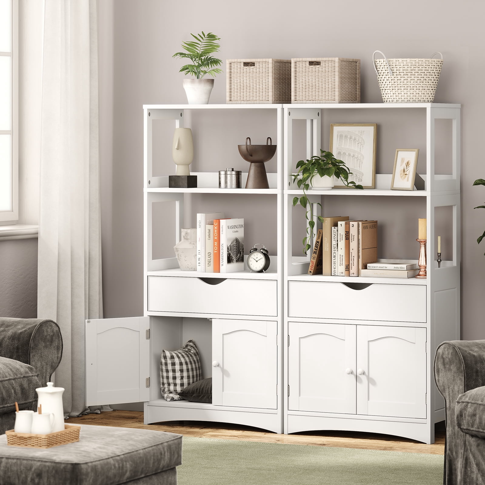Kitchen Pantry Storage Cabinet with Microwave Stand&Drawer, Modern Sideboard Storage Cabinet with 2 Open Shelves, Tall Display Unit/Freestanding Floor Bathroom Cabinet for Bedroom Living Room, White