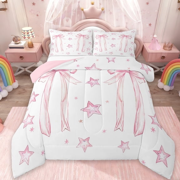 Manfei Cartoon Bow Ribbon Bedding Comforter Set,Lovely Bow Tie Twin Comforter Sets,Gradient Pink White Stars Bedding Set For Girl Teens,Breathable Home Decor Reversible,2 Pieces