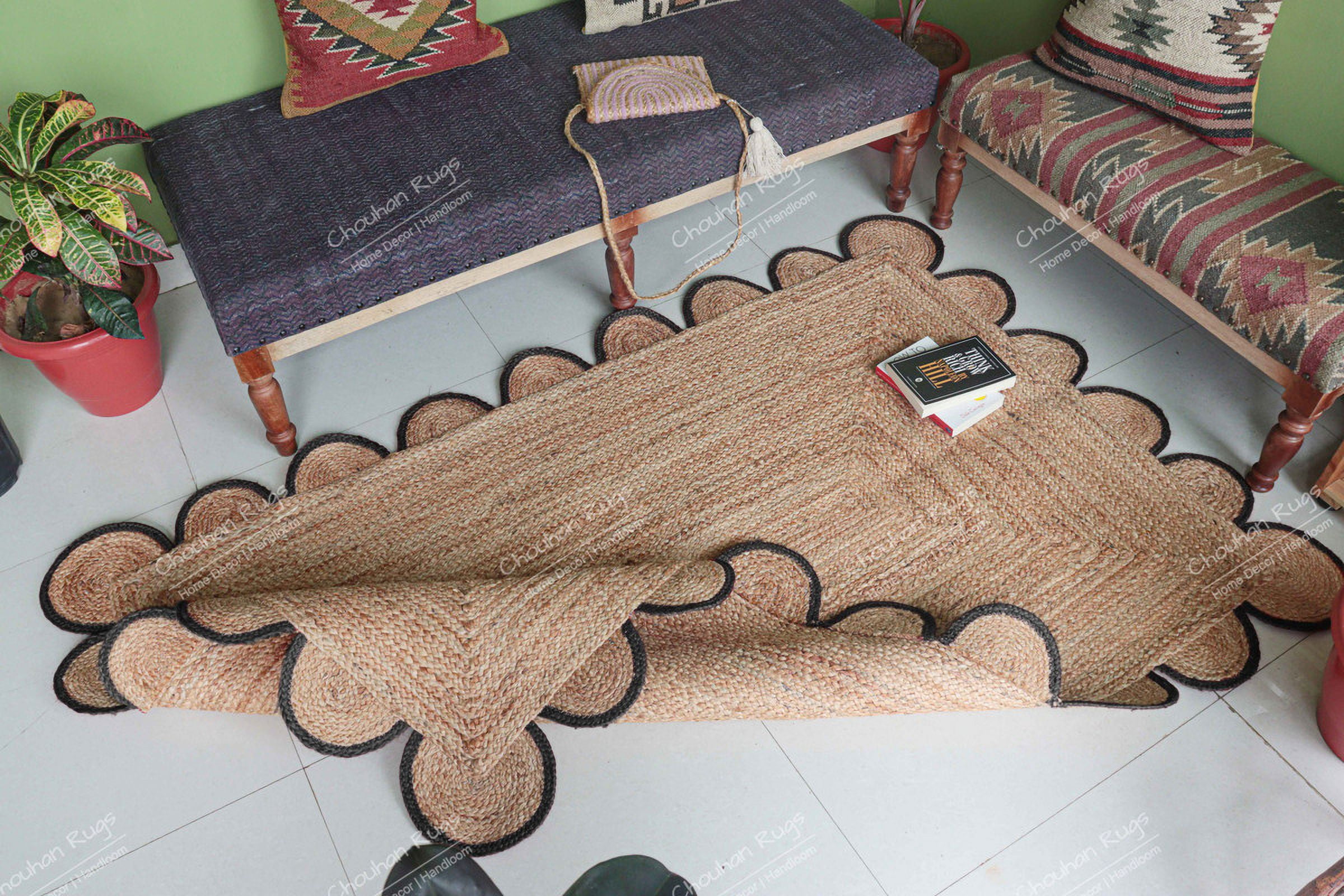 Chouhan Rugs Natural Jute Dark Grey Scalloped Rug Bohemian Rug Decor Rug Handwoven Rug Custom Rug Decorative Rug