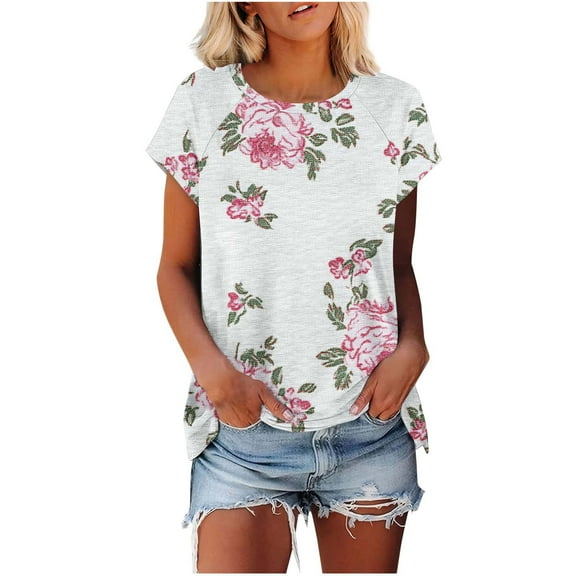Shirts for Women Short Sleeve Round Neck Print Casual Blouses for Women Summer Top 2025 Multicolor L