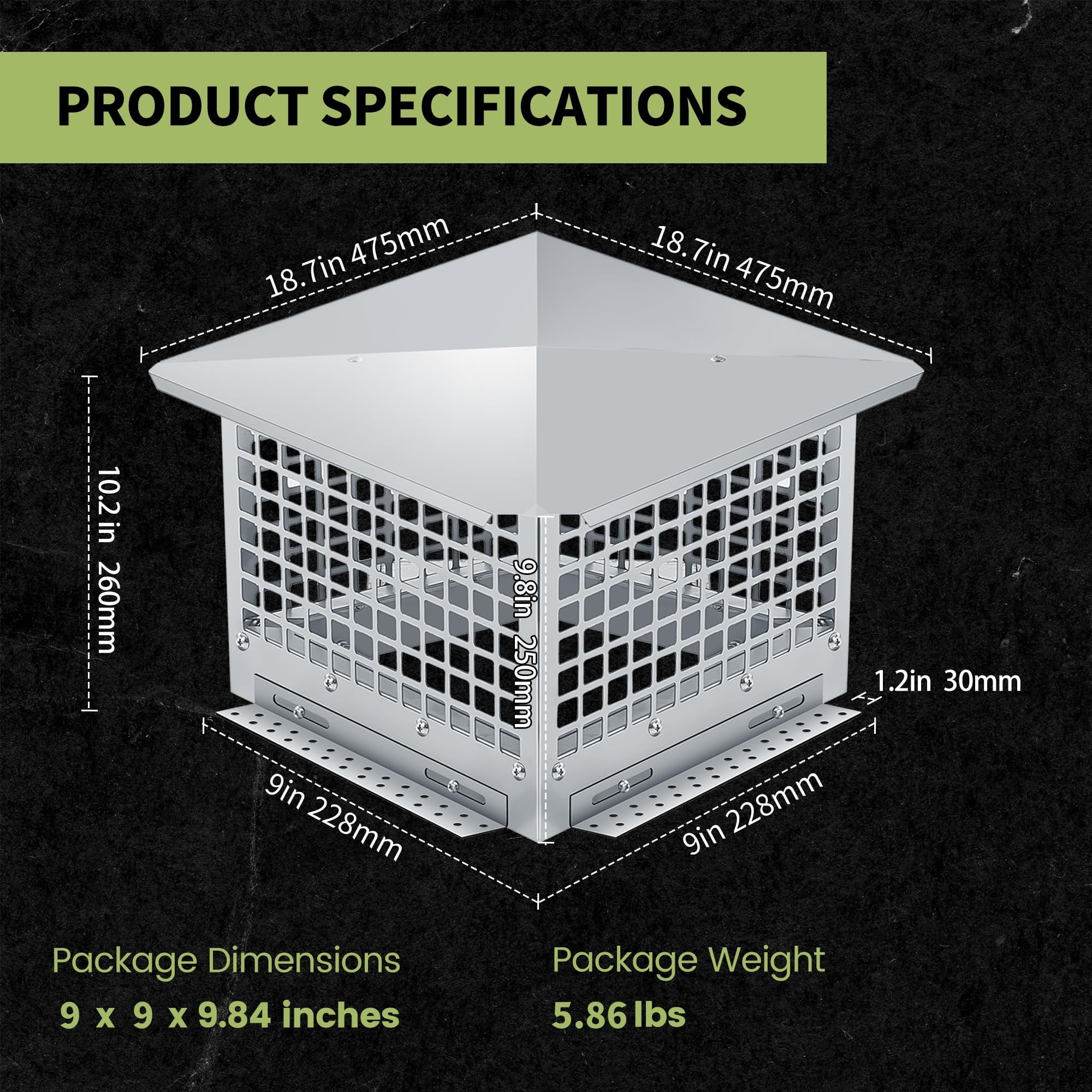 BouPower 8 in x 8 in 304 Stainless Steel Chimney Cap, Adjustable Chimney Vent Cover with Screen, Weatherproof Fireplace Chimney Cap for Outside, Fits 6"-8" Clay Flue Tile