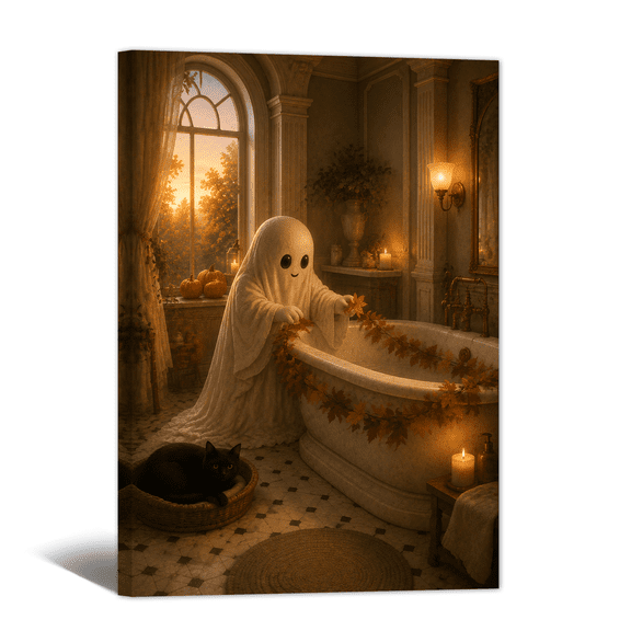 Dark Halloween Ghost Canvas Wall Art Vintage Relaxing Bathroom Time Prints, Moody Antique Artwork Paintings for Living Room Bedroom Home Wall Decor.
