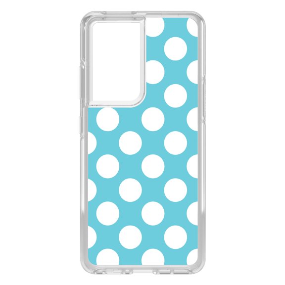 DistinctInk Clear Shockproof Hybrid Case for Galaxy S21 ULTRA 5G (6.8" Screen) - TPU Bumper, Acrylic Back, Tempered Glass Screen Protector - White & Blue Polka Dots