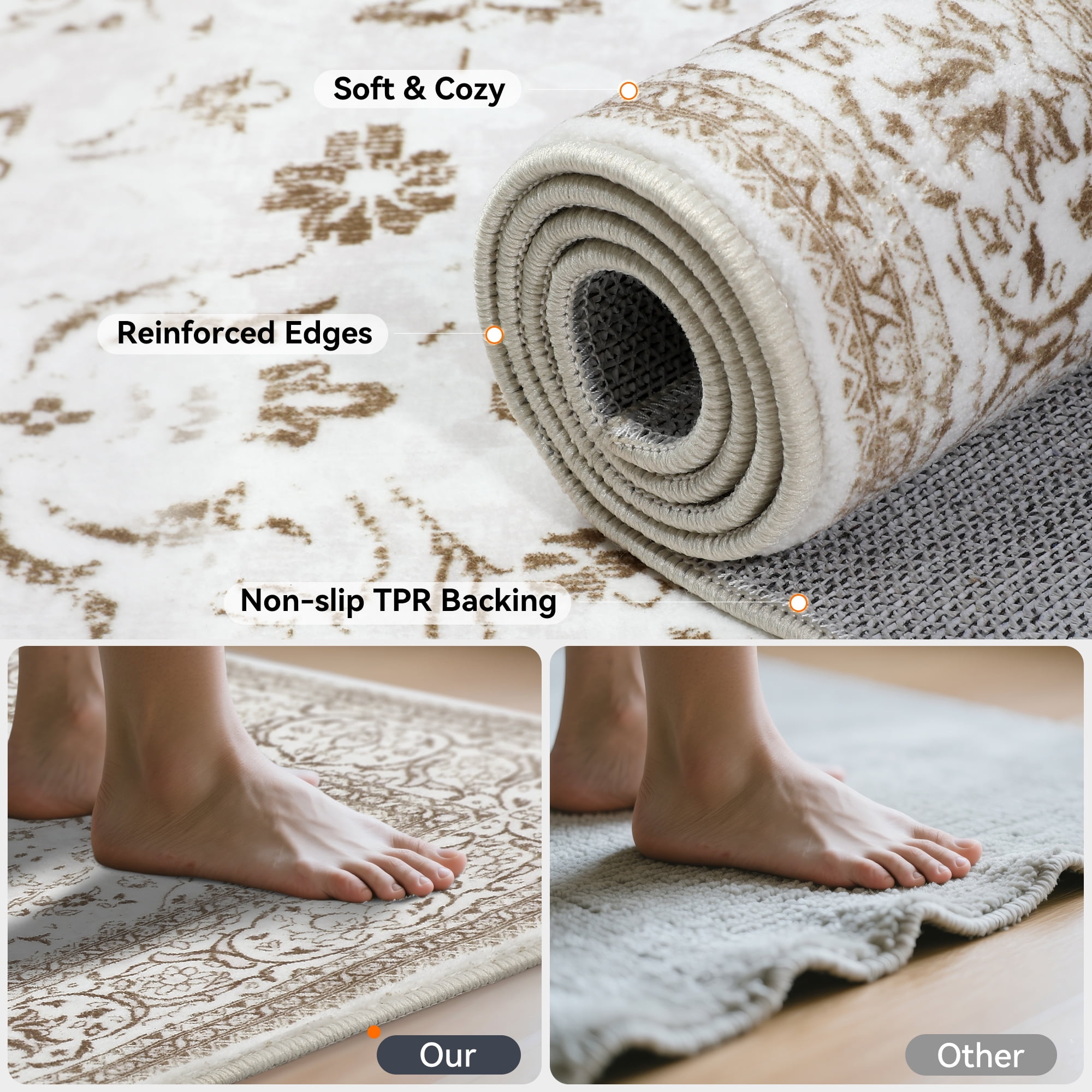 Lalado 5ft x 8ft Area Rugs for Living Room Washable Rugs Boho Floral Carpet Soft Low Pile Non-Slip Rug for Bedroom Dining Room Indoor Vintage Home Decor, Brown