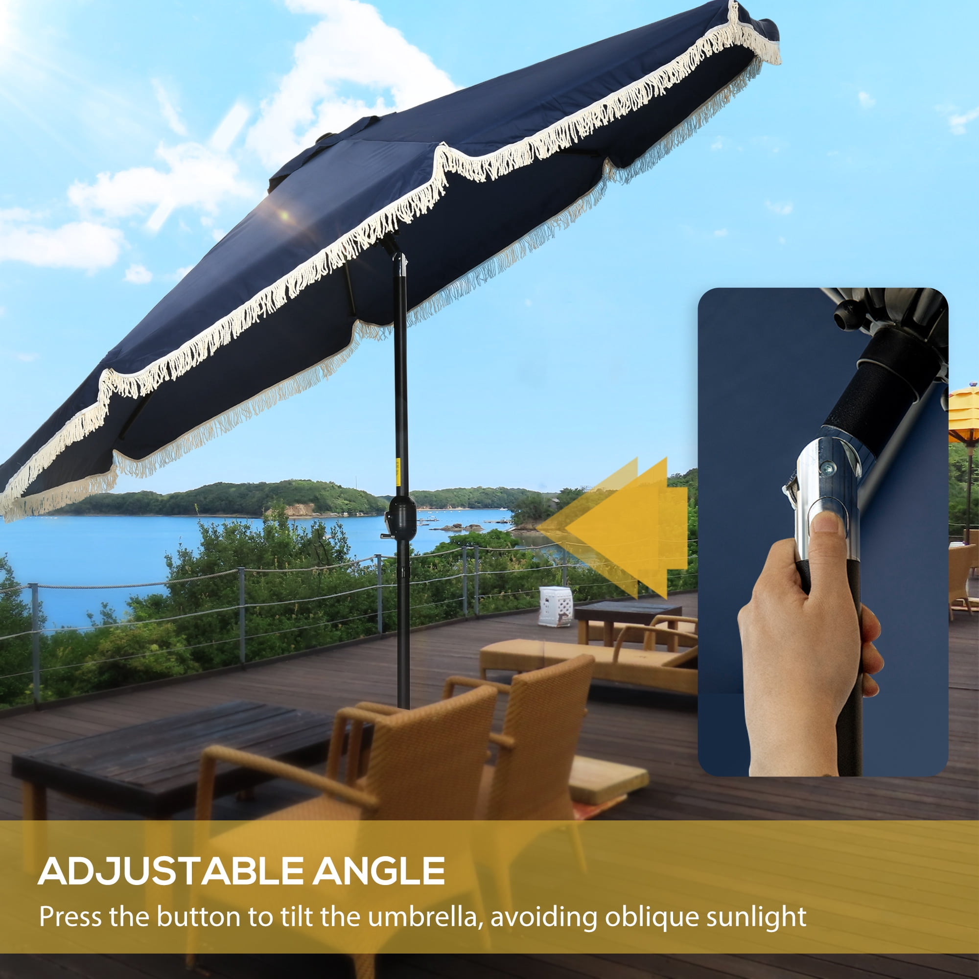 Outsunny 9ft Patio Umbrella with Tilt, Ruffled Outdoor Umbrella, Dark Blue