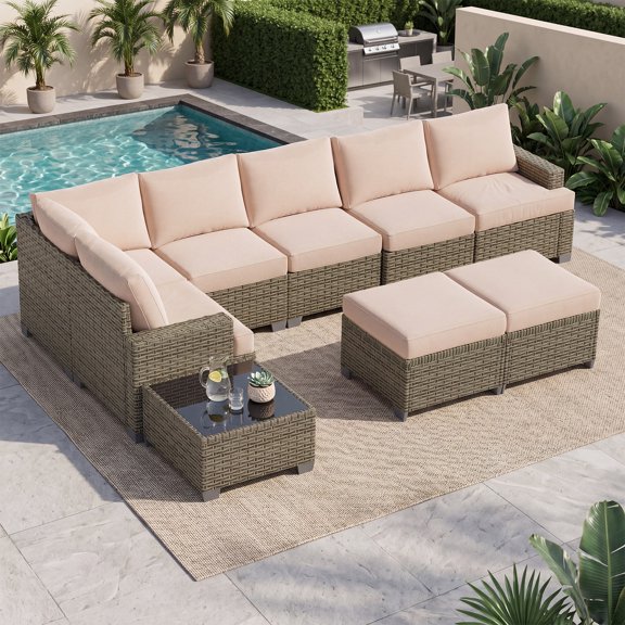 BaPiPro 9‑Piece Modular PE Rattan Patio Conversation Set, Outdoor Sectional Sofa with Thick Beige Cushions, Multi‑Purpose Ottoman & Easy‑Clean Coffee Table for Backyard, Garden & Patio Leisure