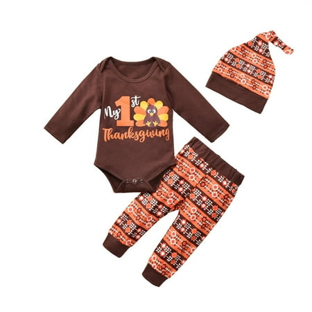 

YJ.GWL Baby Boys Thanksgiving Clothes Turkey Letter Print Romper Top Long Pants with Cap 3pcs Outfits Set