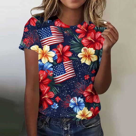 Goodtrade8 American Flag Shirts for Women Summer July 4th Pullover Short Sleeve Red White and Blue Red White and Blue Graphic , Independence Day Crew Neck Juniors Tops Fashion