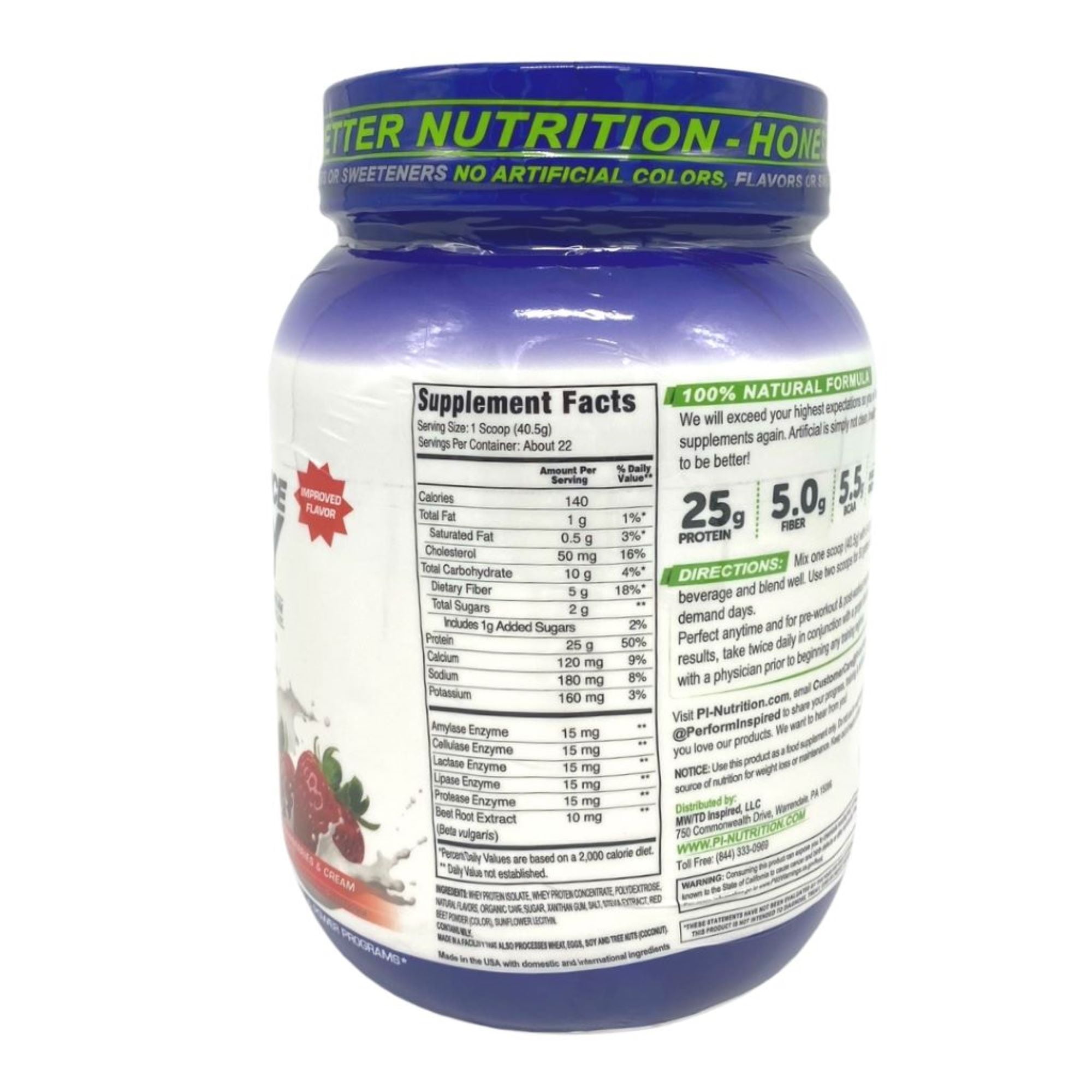 Performance Inspired Nutrition - WHEY Protein Powder - All Natural - 25G - BCAAs - Digestive Enzymes - Strawberries & Cream - 2 lbs