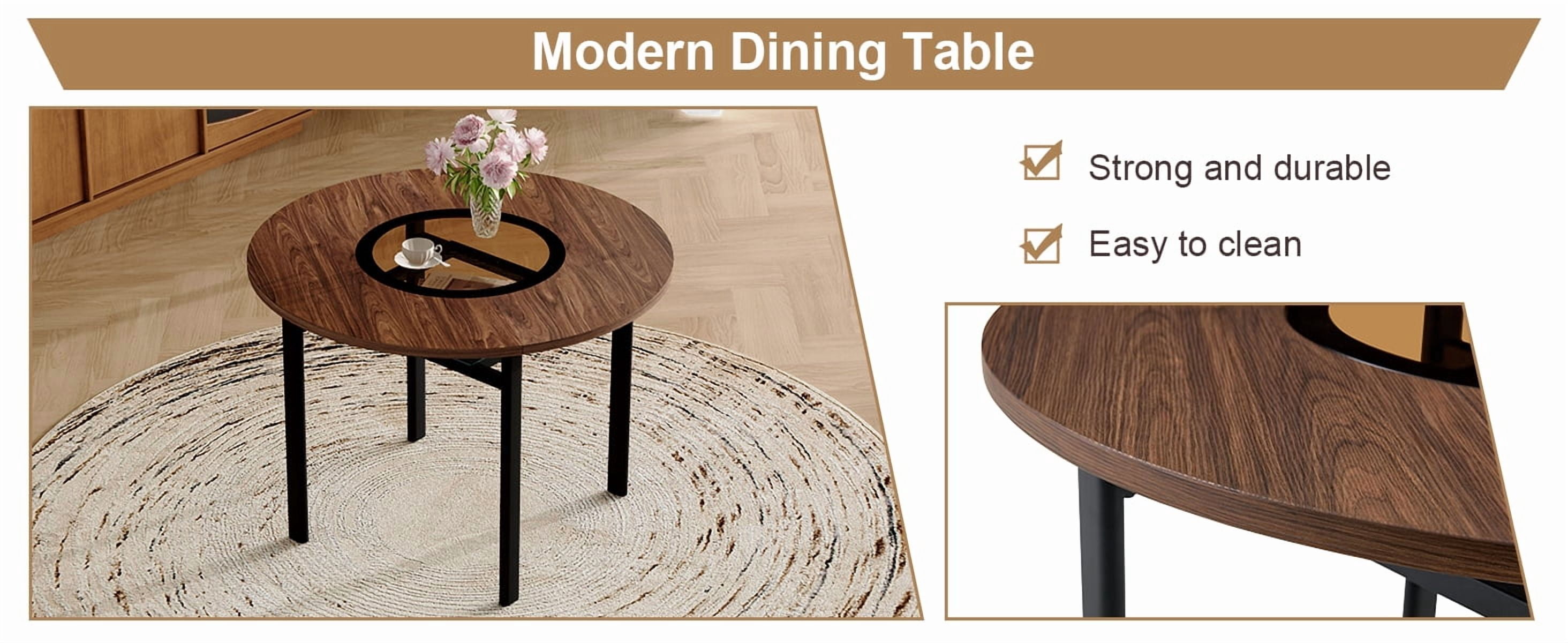 Mintazer 42 Inch Modern Wood Grain Round Dining Table with Tempered Glass Inlay and Storage Shelf, Minimalist Kitchen Table for 4-6 People, Walnut