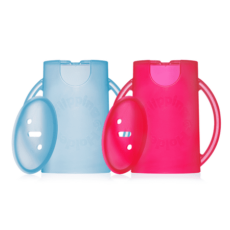 Squeeze Proof Flipping Holder DELUXE with lid 2-Pack for Food Pouches & Juice Boxes (Blue & Pink) - Multipurpose Design with Cover - Prevent Messes & Support Self-Feeding - Handles