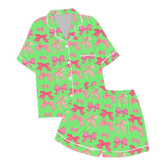 Kids Silk Pajamas Girls Summer Kids Toddler Girls Bow Tie Print Satin Pajama Set Classic Casual Sleepwear Toddler Girl Pajamas Green 2 Years-3 Years