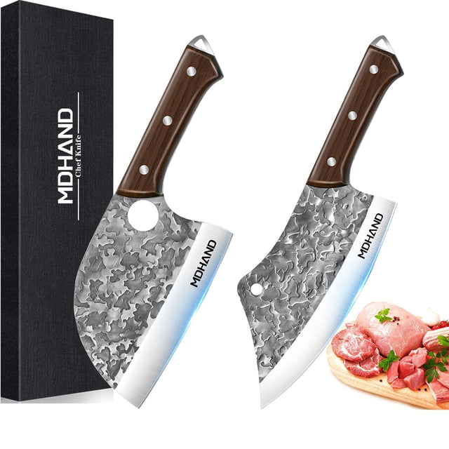 2 cuchillos de chef - Cuchillo de acero inoxidable de alto carbono forjado a mano, cuchillo de sacrificio de chef estilo japonés, cuchillo para cortar carne, con mango ergonómico.