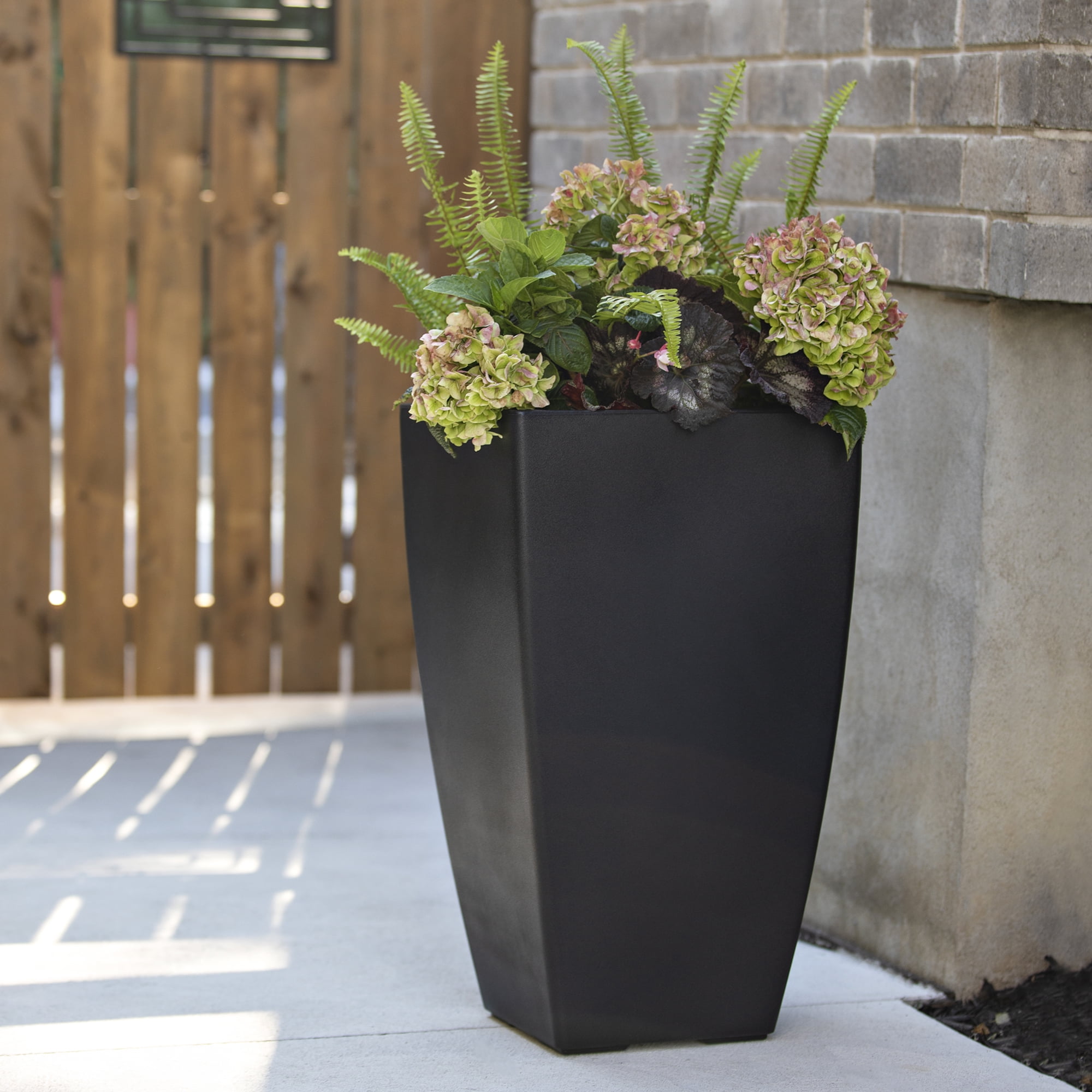 Mayne Kobi 15" x 15" x 26" Square Tall Black Self-Watering Plastic Planter