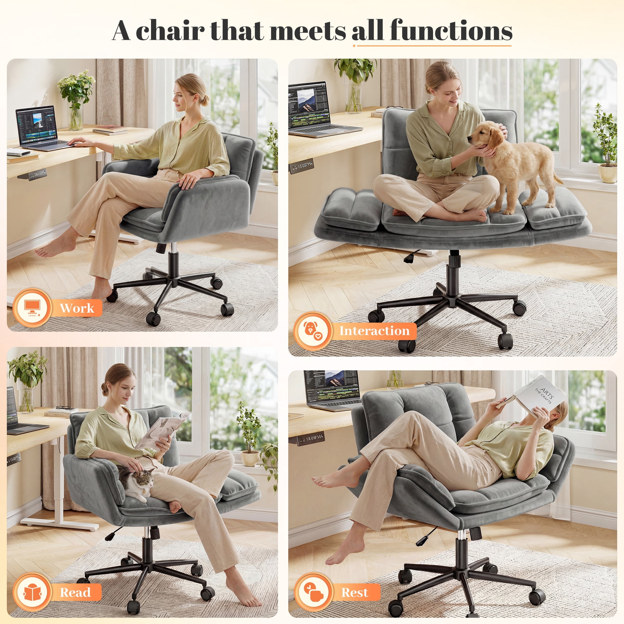 Romorgniz Criss Cross Chair with Wheels Plush Fleece Vanity Chair with 5-Gear Adjustable Armrests Ergonomic Office Chair for Home Office, Gray