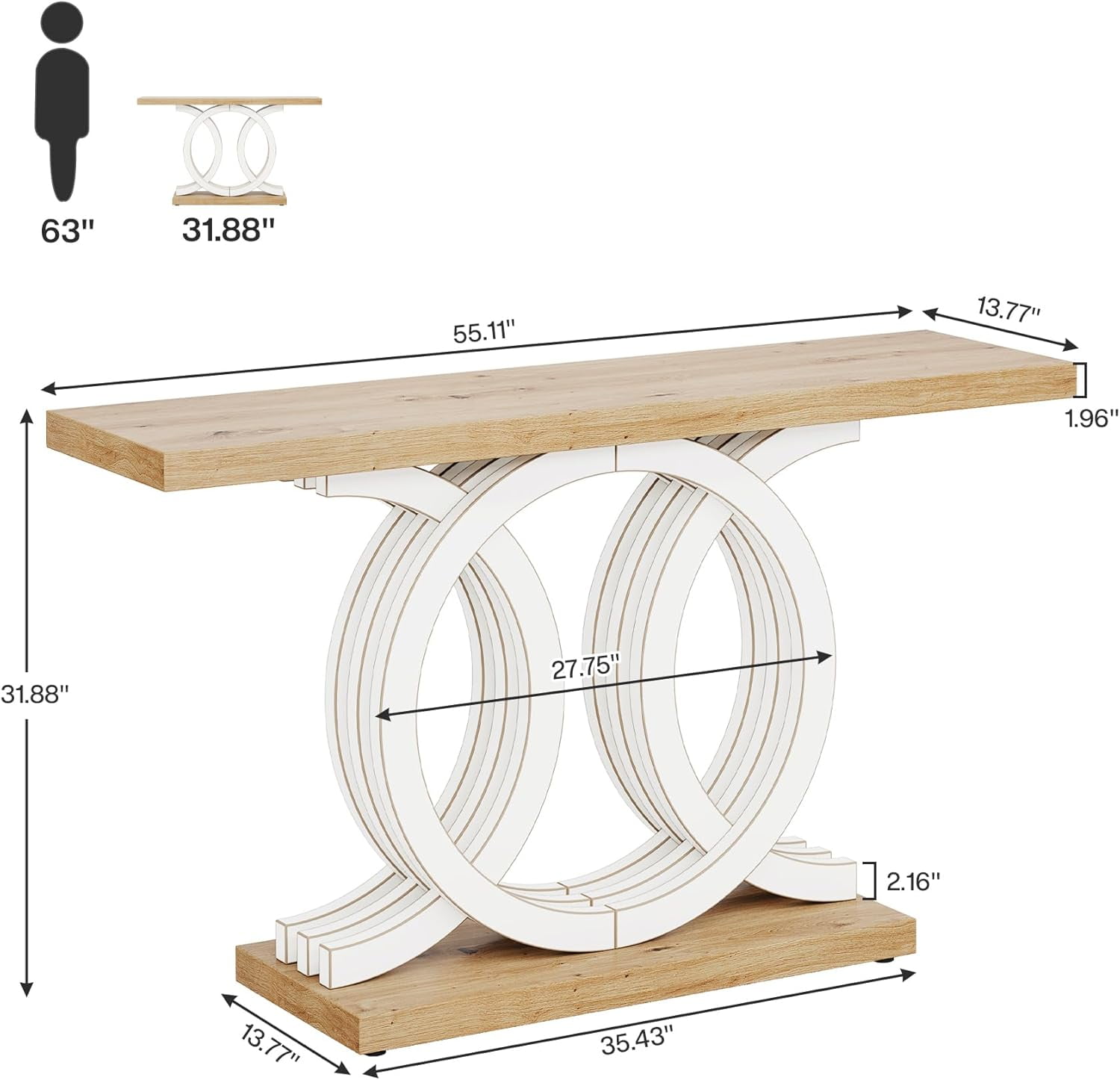 Finmind 55" Console Table with Geometric Wood Base, Modern Entryway Table, White