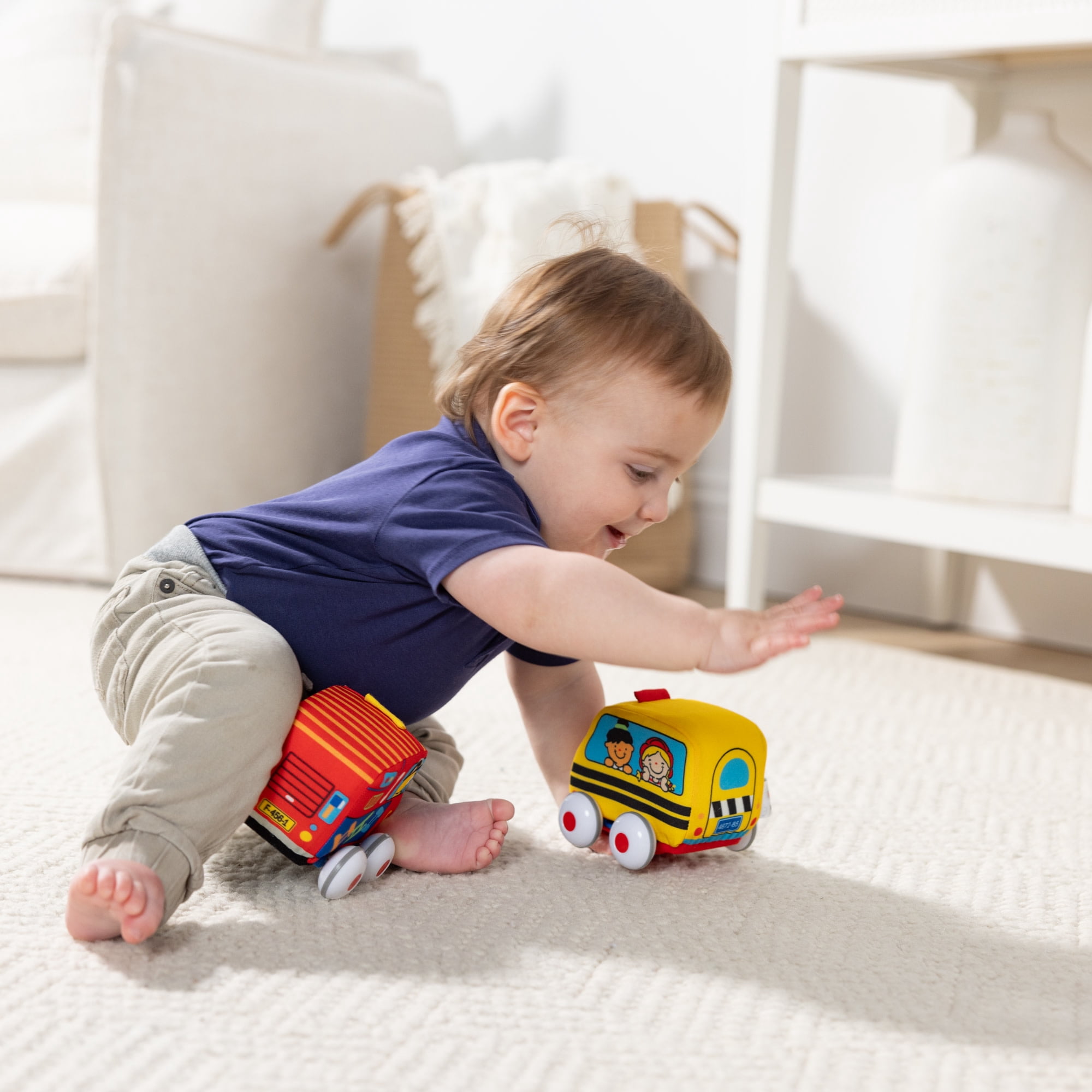 Melissa & Doug K's Kids 2 Pull-Back Vehicles Set - Soft Baby Toy Bus, Fire Engine for Girls, Boys
