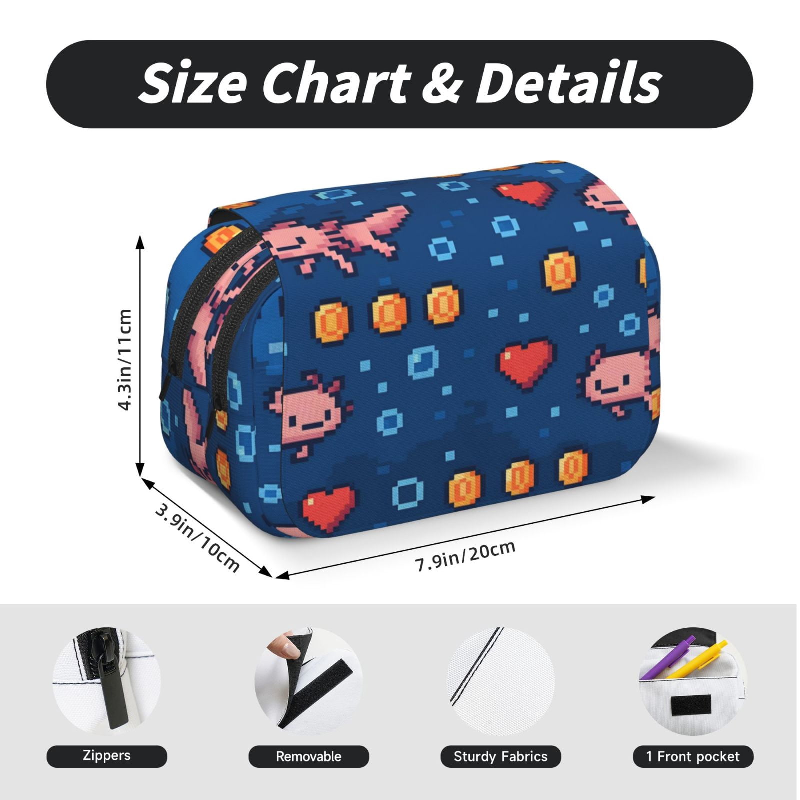 Large-Capacity Flip-Top Double-Layer Pencil Case, Multi-Functional Pocket Pen Case, Durable Stationery Organizer Retro Pixel Axolotls - 8-Bit Nostalgia