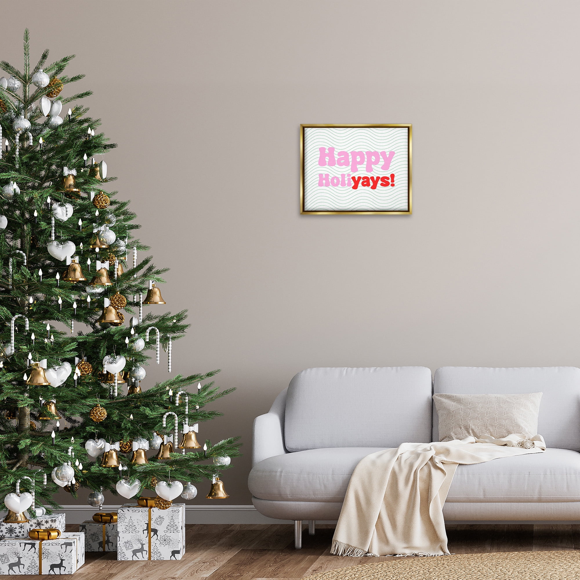 Stupell Industries Happy Holiyays Patterned Holiday Painting Gold Floater Framed Canvas Art Print Wall Art, 21 x 17