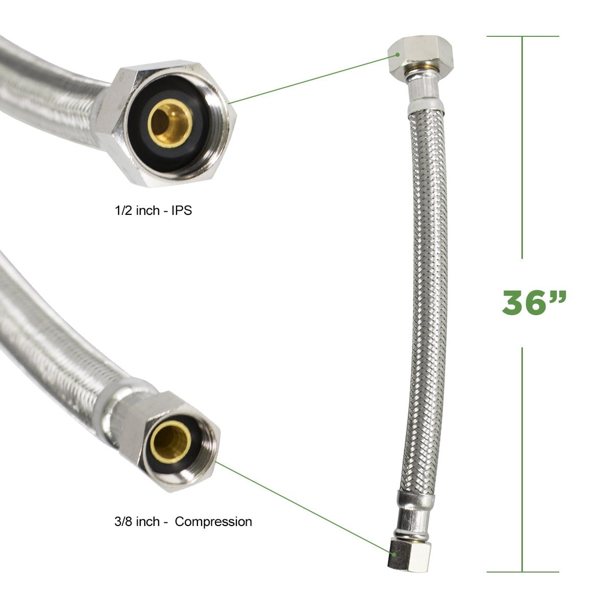 Faucet Connector With 1/2 in. x 3/8 in. Brass Nut, Stainless Steel Faucet Supply Line 36 in. (Pack Of 2)