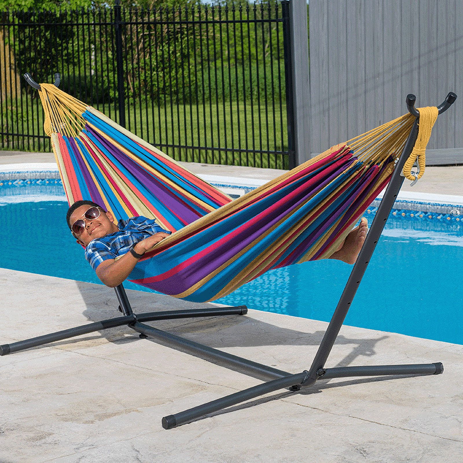 Vivere 9 Ft Double Hammock and Steel Stand Combo (Tropical Colour