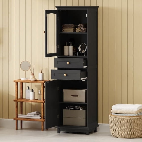 Tall Bathroom Storage Cabinet with Glass Doors, 2 Drawers & Adjustable Shelves, Freestanding MDF Organizer for Small Spaces, Black