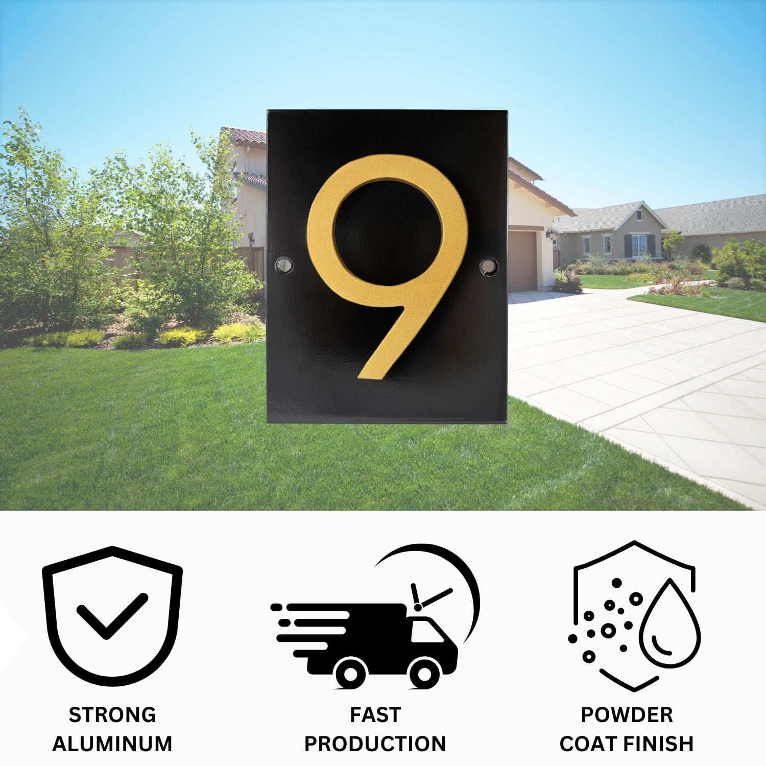 Floating Modern 4" Number Horizontal Address Plaque (1 character) - Black/Gold