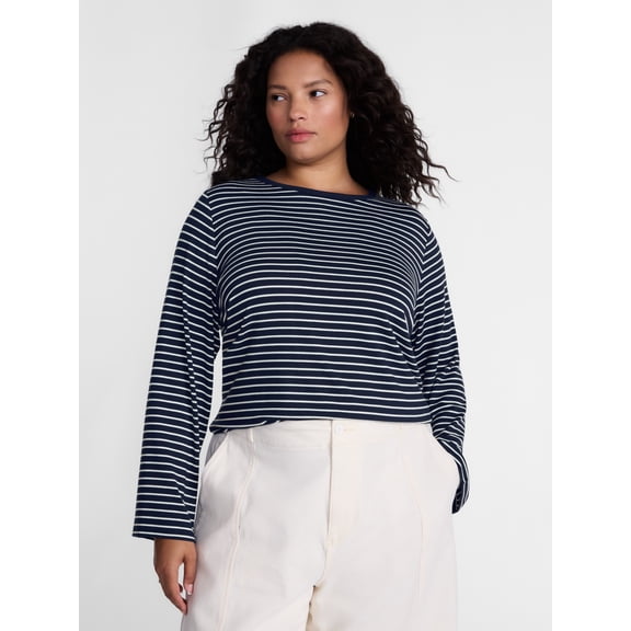 Terra & Sky Women's Plus Striped Tee with Long Sleeves, Sizes 0X-5X