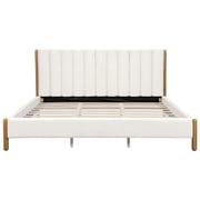 King Size Bed Frame with Boucle Upholstered Thick Headboard, Solid Wooden Legs, White