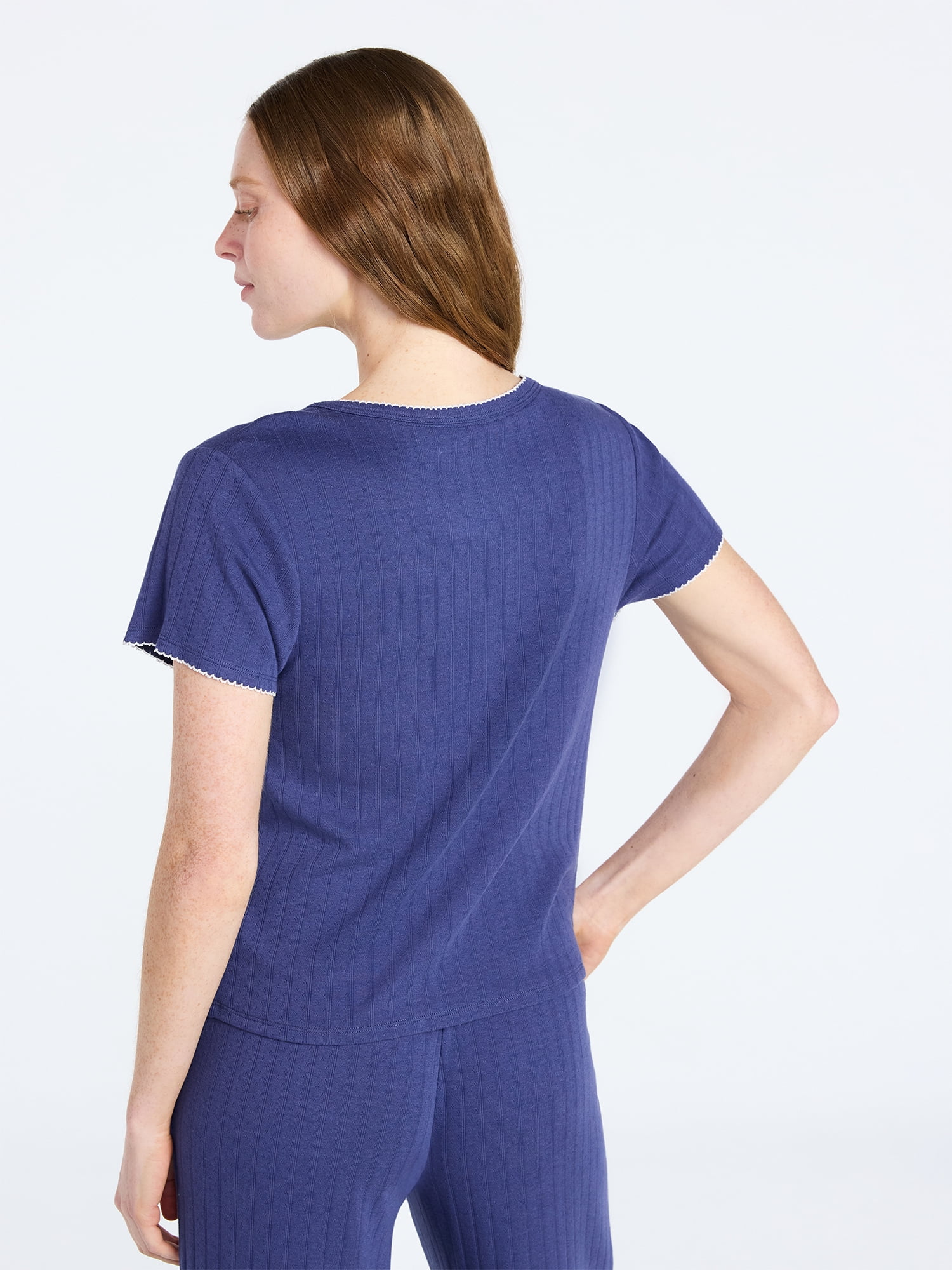 Joyspun Women’s Pointelle Knit Sleepwear Henley Tee with Short Sleeves, Sizes XS-3X