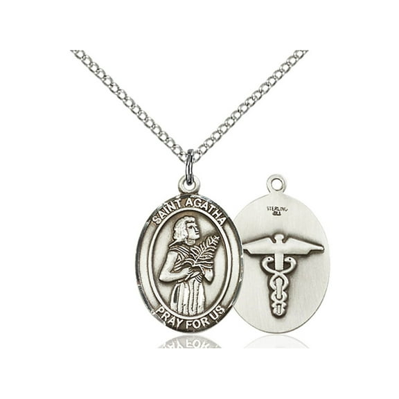 Sterling Silver St. Agatha / Nurse Pendant 3/4 x 1/2 inches with Sterling Silver Lite Curb Chain