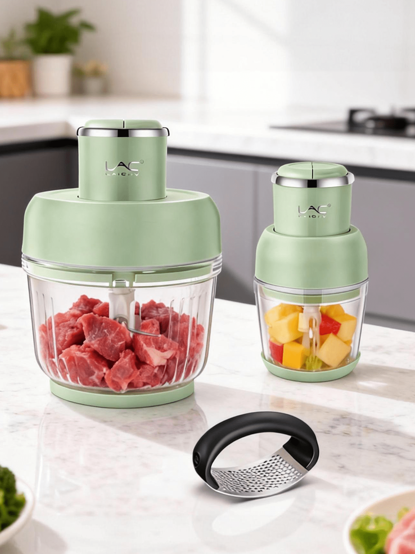 10-Cup Dual Pot Food Processor, Stainless Steel Blades, Veggie Chopper for Kitchen Use, Light Green