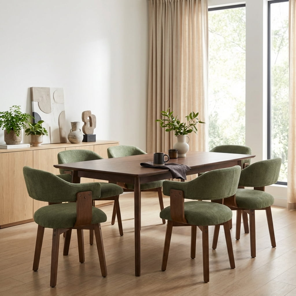 Guyou Modern Dining Chair Set of 4, Chenille Upholstered Dining Room Armchair with Curved Backrest, Mid-Century Wooden Kitchen Side Chairs for Dining Room Living Room, Green