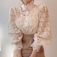 thumbnail image 4 of Women’s Lace Long Puff Sleeve Top Stand Collar Pearl Button Solid Color Blouse Shirt, 4 of 4