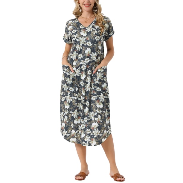 VESTIDO CASUAL DE VERANO PARA MUJER CON CUELLO EN V Y MANGA CORTA, HOLGADO CON BOLSILLOS, ESTAMPADO FLORAL, M GRIS VERDE