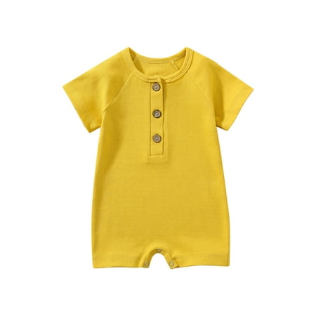 

Lovskoo Unisex Newborn Baby Boy Girl Short Sleeve Button Romper Jumpsuit One-Piece Outfits Solid Color Toddler Clothes Yellow