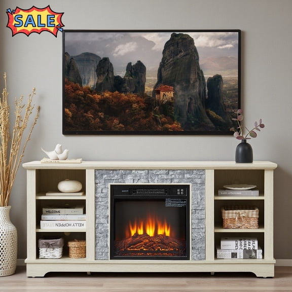 Tcbosik TV Stand with 18" Fireplace Insert, 58" Farmhouse Entertainment Center with Adjustable Shelves for TVs up to 65 inch, Media Console for Living Room, White