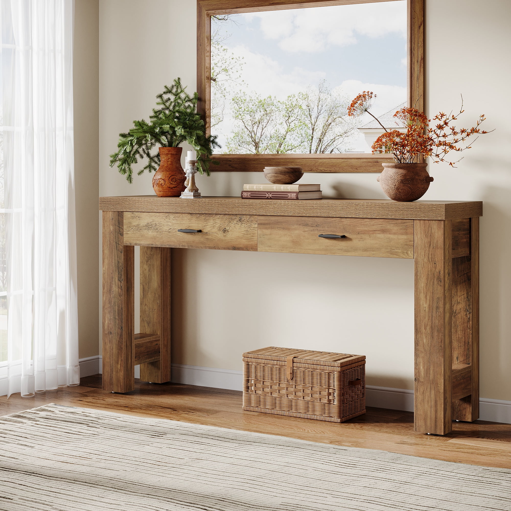 Finmind 63" Console Table: Farmhouse Entryway Table with 2 Drawers & Sturdy H-Shaped Legs for Hallway/Living Room/Bedroom, Rustic Brown