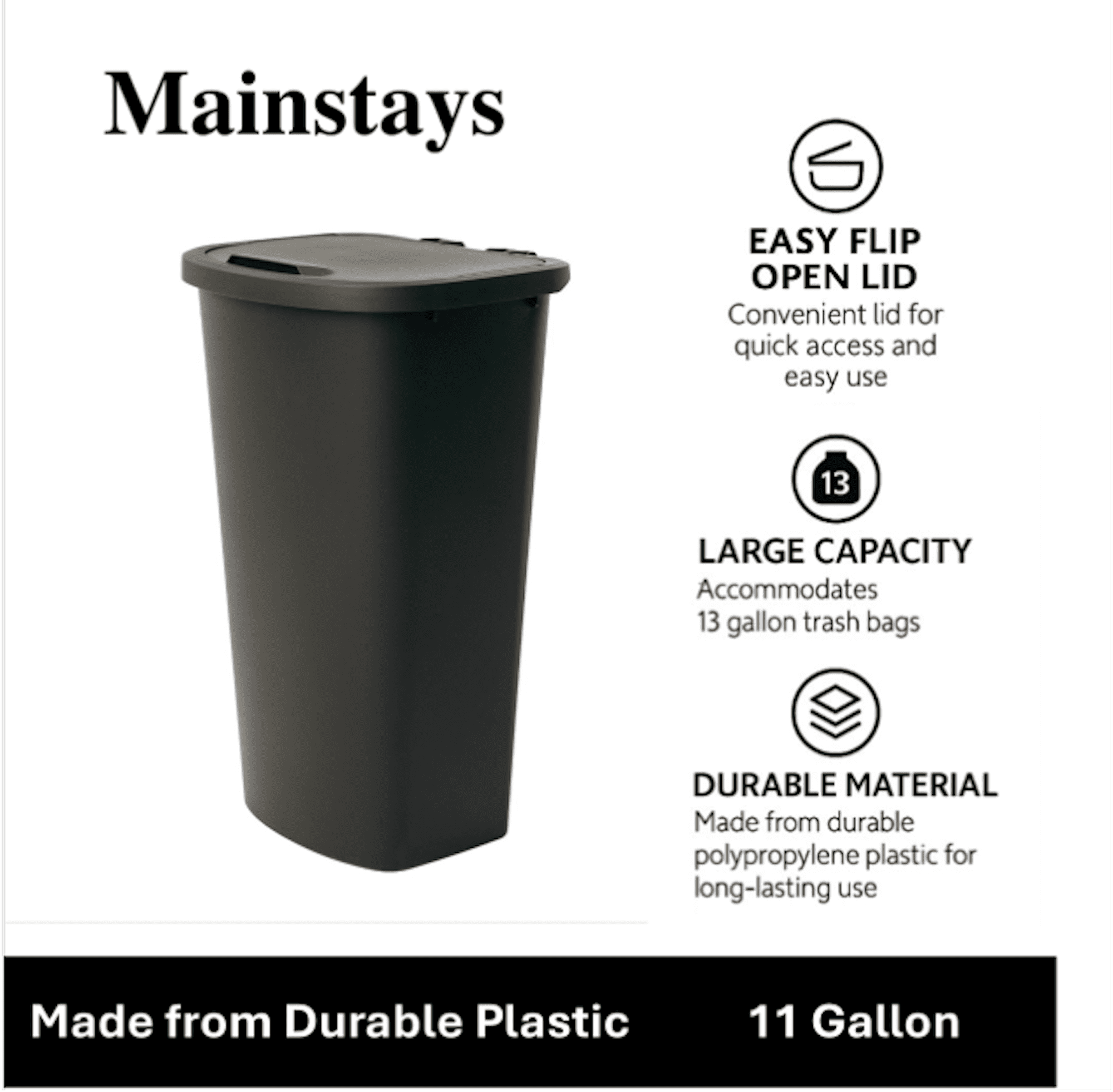 Mainstays Kitchen Trash Can, 11 Gallon Plastic Garbage Bin with Lift Top Lid, Black